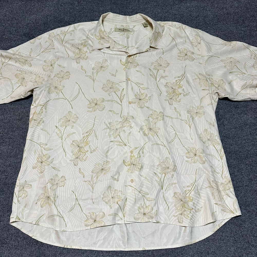 Tommy Bahama Mens Silk‎ Floral Button Down Shirt Cream 2XL XXL Short Sleeve